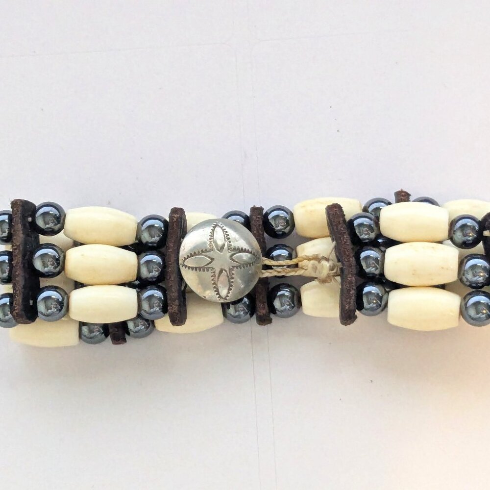 Vintage Artisan Bone Hematite Leather Native Tribal Bracelet